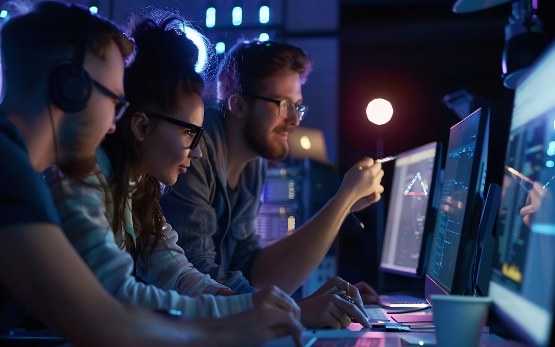 Three people working on computers in a dark room