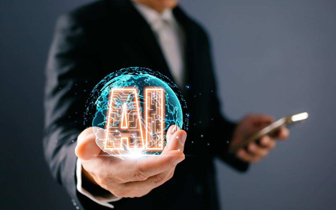 man holding ai auto chat bot. Big data center storage.Digital Artificial Intelligence technology disruption concept. We are implementing storage technology support and service in the business.